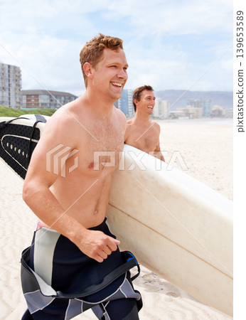 Fitness, surfing and friends running on beach together for travel, sports or exercise in summer. Training, smile and shirtless surfer men on sand for vacation or holiday on coast of Australia 139653589