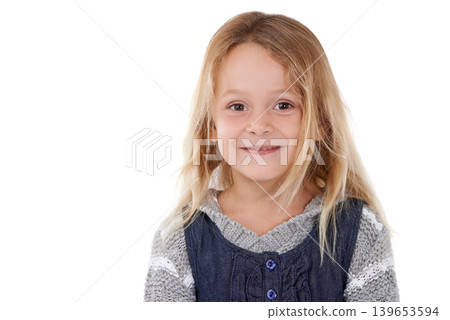 Smile, happy and portrait of girl on a white background with trendy clothes, style and fashion. Childhood, facial expression and isolated young kid with youth, happiness and confidence in studio Smile, happy and portrait of girl on a white background with trendy clothes, style and fashion. Childhood, facial expression and isolated young kid with youth, happiness and confidence in studio 139653594