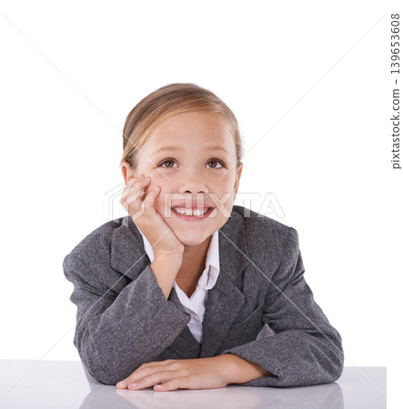 Child, thinking and business job in studio for future grownup goals for corporate, professional or white background. Female person, hand and thoughts for lawyer career dream, dress up or mockup space Child, thinking and business job in studio for future grownup goals for corporate, professional or white background. Female person, hand and thoughts for lawyer career dream, dress up or mockup space 139653608