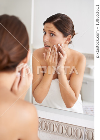 Skincare, mirror reflection or woman stress over skin breakout, acne crisis or pimple outbreak in home bathroom. Beauty problem, dermatology and person feel zit, allergic reaction or treatment fail Skincare, mirror reflection or woman stress over skin breakout, acne crisis or pimple outbreak in home bathroom. Beauty problem, dermatology and person feel zit, allergic reaction or treatment fail 139653611