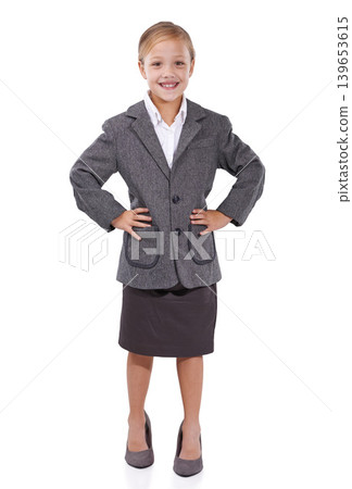 Business, kid and confidence in studio portrait, pretend employee and playing corporate game. Female person, girl and professional in career on white background, entrepreneur and happy for startup Business, kid and confidence in studio portrait, pretend employee and playing corporate game. Female person, girl and professional in career on white background, entrepreneur and happy for startup 139653615