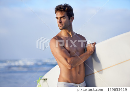 Thinking, surfing and man with surfboard at beach for, waves on summer vacation, weekend and holiday by sea. Travel, nature and person by ocean for water sports, adventure and fun in Australia Thinking, surfing and man with surfboard at beach for, waves on summer vacation, weekend and holiday by sea. Travel, nature and person by ocean for water sports, adventure and fun in Australia 139653619