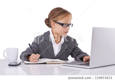 Professional, child and notes from laptop research in studio, ideas and planning for agenda. Female person, pretend employee and writing in journal, business proposal and laptop on white background Professional, child and notes from laptop research in studio, ideas and planning for agenda. Female person, pretend employee and writing in journal, business proposal and laptop on white background 139653633