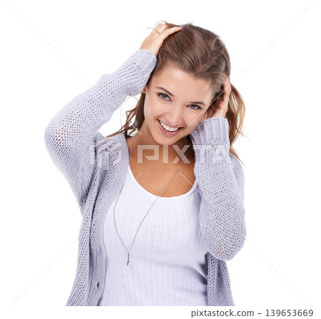 Woman, fashion and happy in studio portrait, smiling and confidence for casual outfit on white background. Female person, makeup and pride for beauty, satisfaction and positive attitude of model 139653669