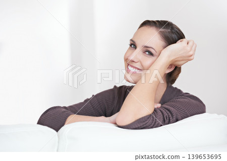 Woman, relax and portrait in house, unwind and resting, satisfaction and living room. Happiness, calm and weekend with female person, home and joy, carefree and comfortable alone in sofa for rest Woman, relax and portrait in house, unwind and resting, satisfaction and living room. Happiness, calm and weekend with female person, home and joy, carefree and comfortable alone in sofa for rest 139653695