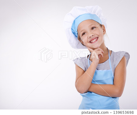 Child, chef and thinking of food idea and menu for recipe development on white studio background. Culinary skills, young and ready to cook and mockup space with confidence in hospitality industry Child, chef and thinking of food idea and menu for recipe development on white studio background. Culinary skills, young and ready to cook and mockup space with confidence in hospitality industry 139653698