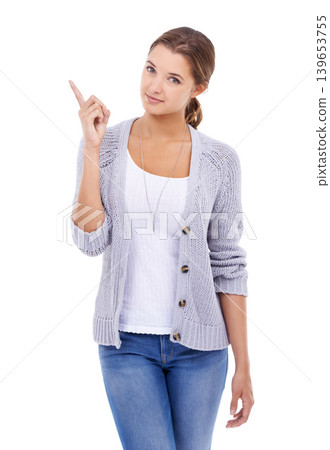 Fashion, portrait and woman with hand pointing in studio for discount, sale or offer on white background. Announcement, face and female model show deal, giveaway or shopping promotion or information Fashion, portrait and woman with hand pointing in studio for discount, sale or offer on white background. Announcement, face and female model show deal, giveaway or shopping promotion or information 139653755