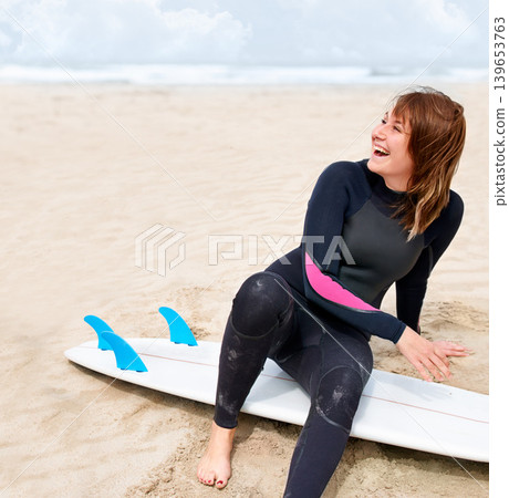 Surfer, woman and happy on beach with surfboard, vacation and adventure for fitness and travel. Ocean, waves for surfing and seaside holiday in Hawaii, nature and tourism with extreme sports 139653763