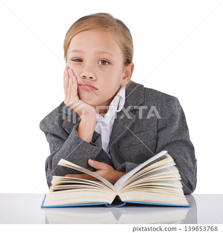 Bored, child and reading book in studio portrait, learning and fiction novel on white background. Female person, fatigue and information for education, exhausted and tired for studying literacy Bored, child and reading book in studio portrait, learning and fiction novel on white background. Female person, fatigue and information for education, exhausted and tired for studying literacy 139653768