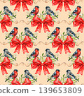 Festive seamless watercolor pattern featuring bullfinches, red bows, and decorative winter wreaths with white berries. Hand drawn winter bird illustration perfect for Christmas holiday textiles and 139653809