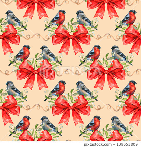 Festive seamless watercolor pattern featuring bullfinches, red bows, and decorative winter wreaths with white berries. Hand drawn winter bird illustration perfect for Christmas holiday textiles and Festive seamless watercolor pattern featuring bullfinches, red bows, and decorative winter wreaths with white berries. Hand drawn winter bird illustration perfect for Christmas holiday textiles and 139653809
