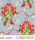 Seamless watercolor pattern featuring bullfinches perched on festive branches decorated with white berries and large red bows. Hand drawn winter bird illustration for Christmas textiles and decor. 139653810