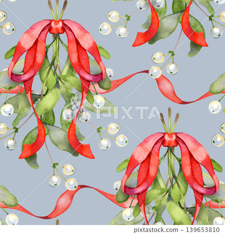 Seamless watercolor pattern featuring bullfinches perched on festive branches decorated with white berries and large red bows. Hand drawn winter bird illustration for Christmas textiles and decor. Seamless watercolor pattern featuring bullfinches perched on festive branches decorated with white berries and large red bows. Hand drawn winter bird illustration for Christmas textiles and decor. 139653810