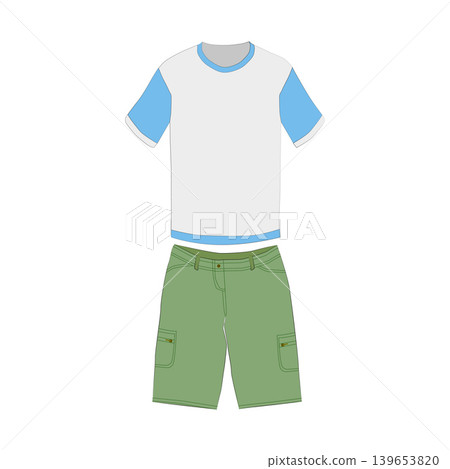 Green men's, women's, unisex shorts, t-shirt for a summer hike in the mountains. Green men's, women's, unisex shorts, t-shirt for a summer hike in the mountains. 139653820