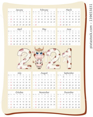 2021 annual calendar 12 months, calendar template in vertical orientation with a beautiful inscription 2021 with the symbol of the year cow, bull. 2021 annual calendar 12 months, calendar template in vertical orientation with a beautiful inscription 2021 with the symbol of the year cow, bull. 139653831