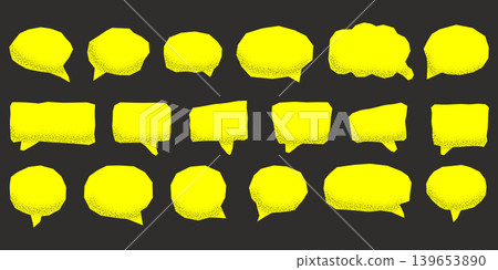 Set of bright yellow speech bubbles with grainy stippling texture on dark background Set of bright yellow speech bubbles with grainy stippling texture on dark background 139653890