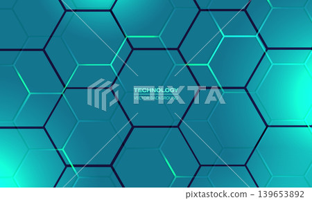 Teal hexagon abstract technology background with green colored bright flashes Teal hexagon abstract technology background with green colored bright flashes 139653892