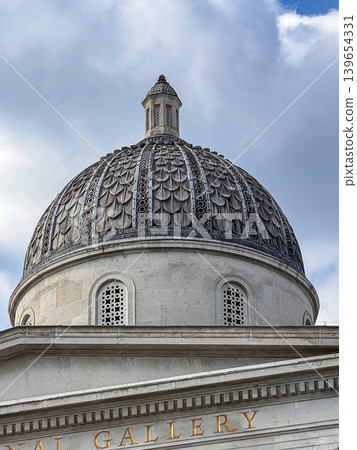 Historic Stone Dome of the National Gallery With Ornate Patterned Roof and Classical Architectural Details, London 139654331