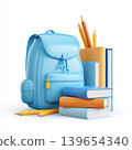 Back to school blue backpack with books and pencils, glossy flat illustration of school supplies 139654340