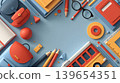 Back to school flat lay with colorful stationery, backpack and school bus illustration 139654351