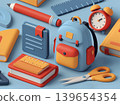 Back to school flat scene with backpack, books, pencil and school supplies 139654354