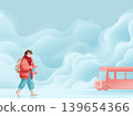 Back to school student with backpack walking toward a red school bus on a soft blue background 139654366