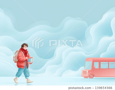 Back to school student with backpack walking toward a red school bus on a soft blue background Back to school student with backpack walking toward a red school bus on a soft blue background 139654366