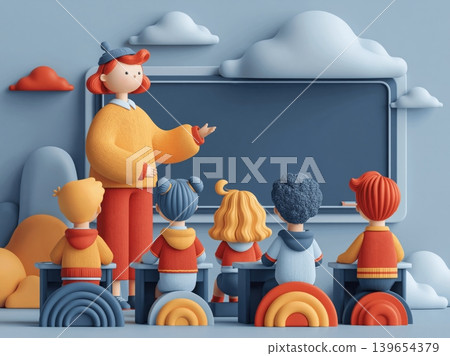 Teacher leading students in a playful back-to-school classroom illustration 139654379