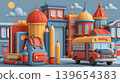 Back to school scene with backpack, pencils, books and bus in colorful minimalist town illustration 139654383