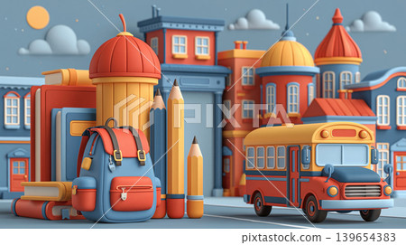 Back to school scene with backpack, pencils, books and bus in colorful minimalist town illustration Back to school scene with backpack, pencils, books and bus in colorful minimalist town illustration 139654383