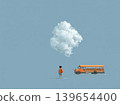 Child with backpack and school bus beneath a dreamlike cloud - back to school concept 139654400