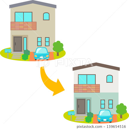 獨立式住宅外牆粉刷前後的比較圖 獨立式住宅外牆粉刷前後的比較圖 139654516