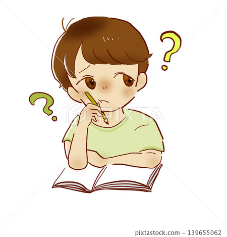 A boy thinking while studying at home A boy thinking while studying at home 139655062