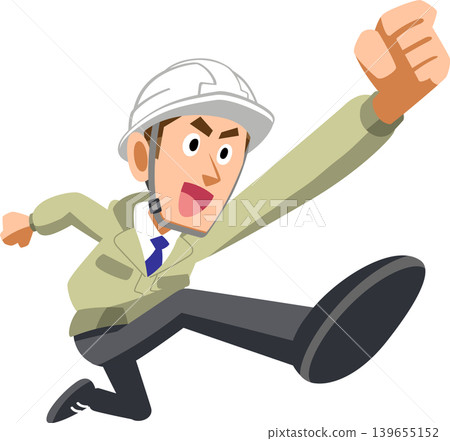 A man in work clothes jumps energetically. A man in work clothes jumps energetically. 139655152
