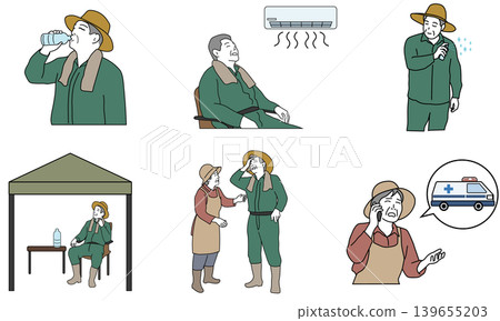 A set of illustrations showing farmers taking measures to prevent heatstroke during farm work and providing emergency response. A set of illustrations showing farmers taking measures to prevent heatstroke during farm work and providing emergency response. 139655203