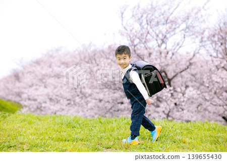 在櫻花盛開的公園散步的新一年級學生 139655430