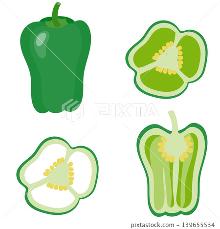 A set of fresh bell peppers and their cross-sections. A set of fresh bell peppers and their cross-sections. 139655534
