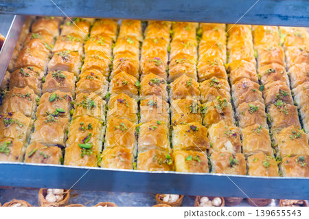 Popular Turkish Baklava dessert. Popular Turkish Baklava dessert. 139655543