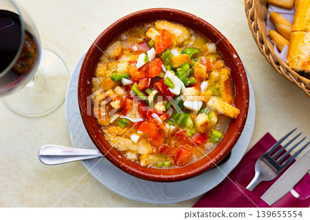 Traditional summer dish from Extremadura, cojondongo, on table Traditional summer dish from Extremadura, cojondongo, on table 139655554