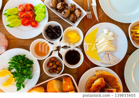 Composition with breakfast on the table. Halal breakfast 139655605