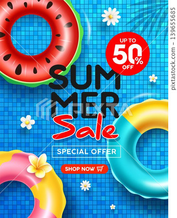 Summer holiday sale, fancy inflatable rings, in a swimming pool flyer poster design on blue water background Summer holiday sale, fancy inflatable rings, in a swimming pool flyer poster design on blue water background 139655685