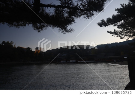Miyajima, Hiroshima Prefecture: The Great Torii Gate of Itsukushima Shrine before the fire burning and bathed in the morning sun; the five-story pagoda and Senjokaku hall under repair. 139655785