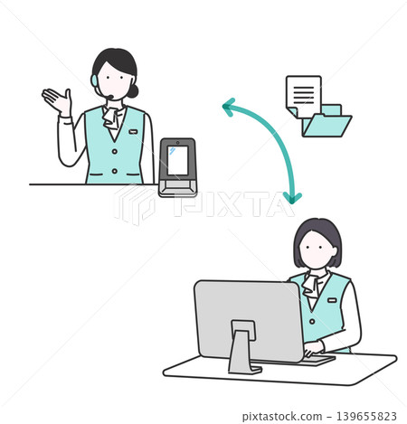 Illustration of a female staff member passing documents from reception to administrative processing. Illustration of a female staff member passing documents from reception to administrative processing. 139655823