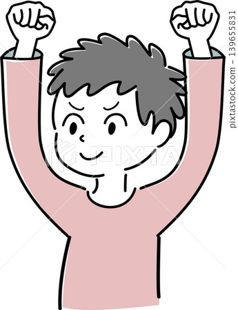 Simple illustration of a man's upper body smiling and making a victory pose (success, achievement, motivation, positivity, person image) 139655831