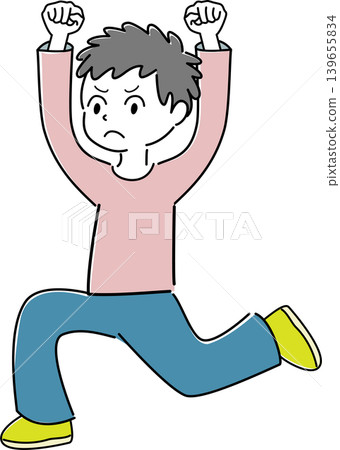 一個簡單的全身插圖，描繪了一個舉起雙拳、表情憤怒的男人（代表努力、挑戰、不滿、壓力和一個人）。 139655834