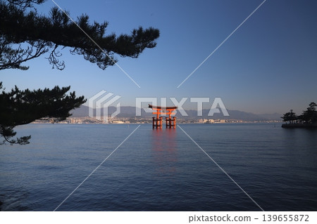 廣島縣初日市宮島：嚴島神社－旭日東昇，映照著鮮豔的朱紅色鳥居。 139655872