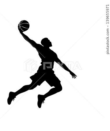 Dynamic Silhouette Man Dunking Basketball Mid Air Athletic Sport Action Dynamic Silhouette Man Dunking Basketball Mid Air Athletic Sport Action 139655971