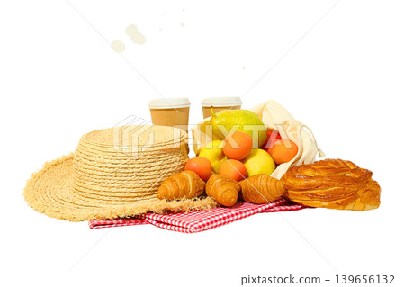 Picnic with fruits, pastries, and drinks, isolated on white, PNG 139656132