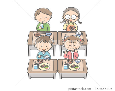 孩子們開心地吃著學校午餐。 139656206