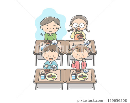 A boy who dislikes eating school lunches and the scene of lunchtime. A boy who dislikes eating school lunches and the scene of lunchtime. 139656208